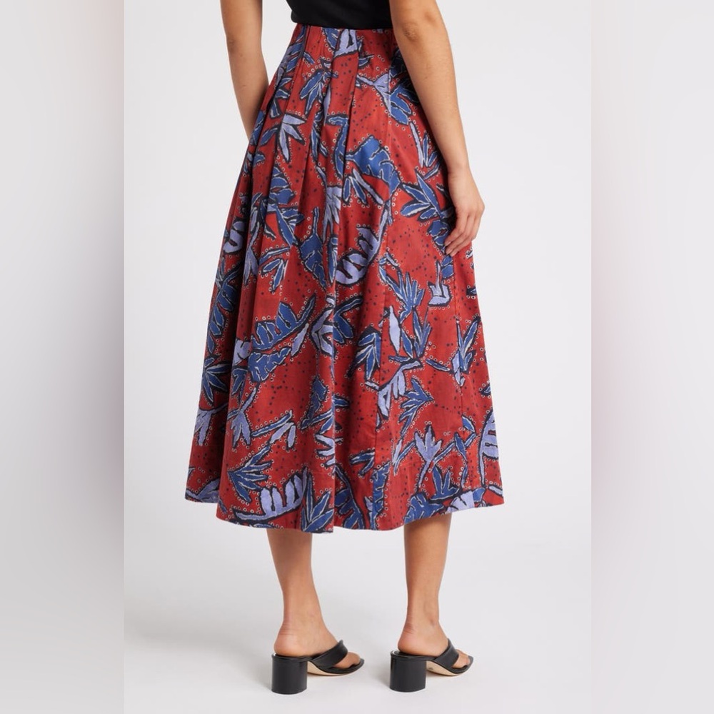 NIC+ZOE Red Midi Skirt with Blue Leaf Floral Print NWT